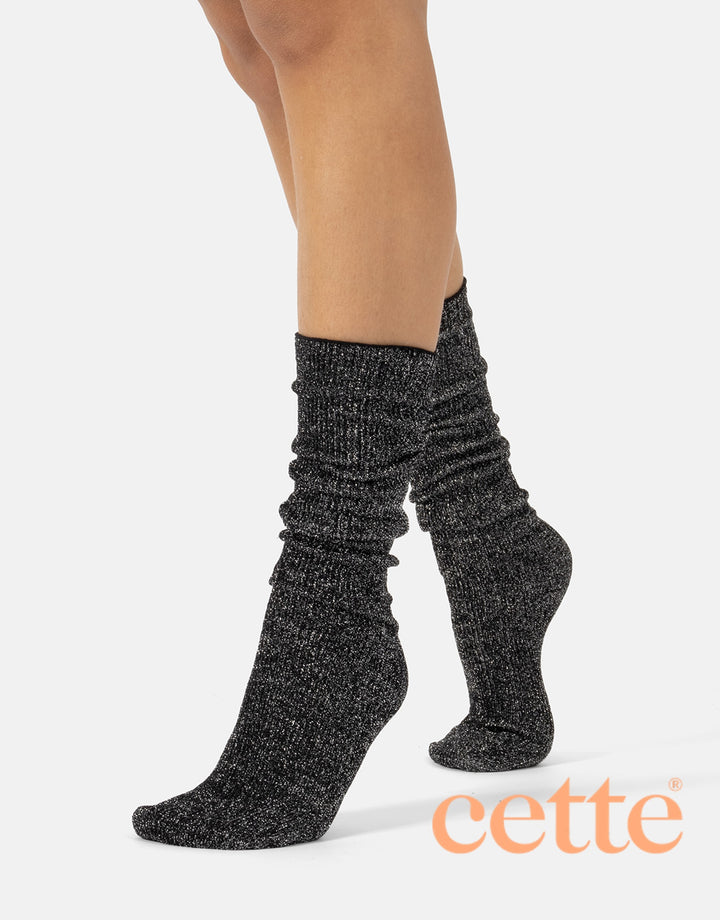 Cette Sirio Glitter Ribbed Knee High Sock Black 278-902