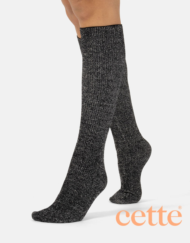 Cette Sirio Glitter Ribbed Knee High Sock Black 278-902