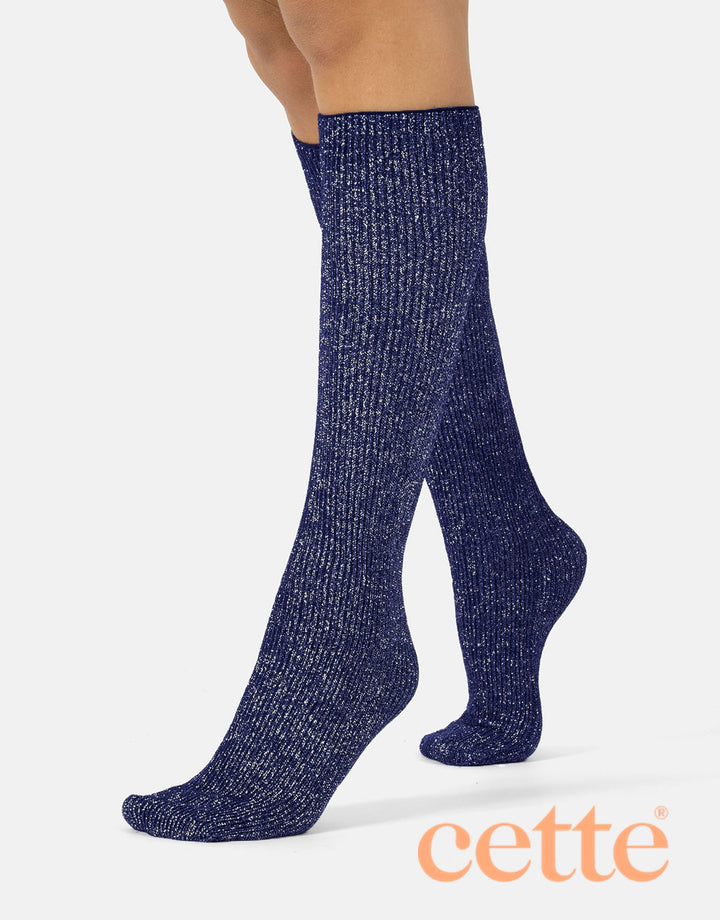 Cette Sirio Glitter Ribbed Knee High Sock Navy 278-345