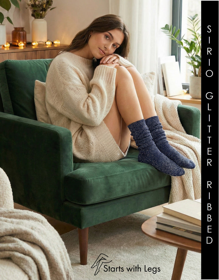 Cette Sirio Glitter Ribbed Knee High Sock Navy 278-345