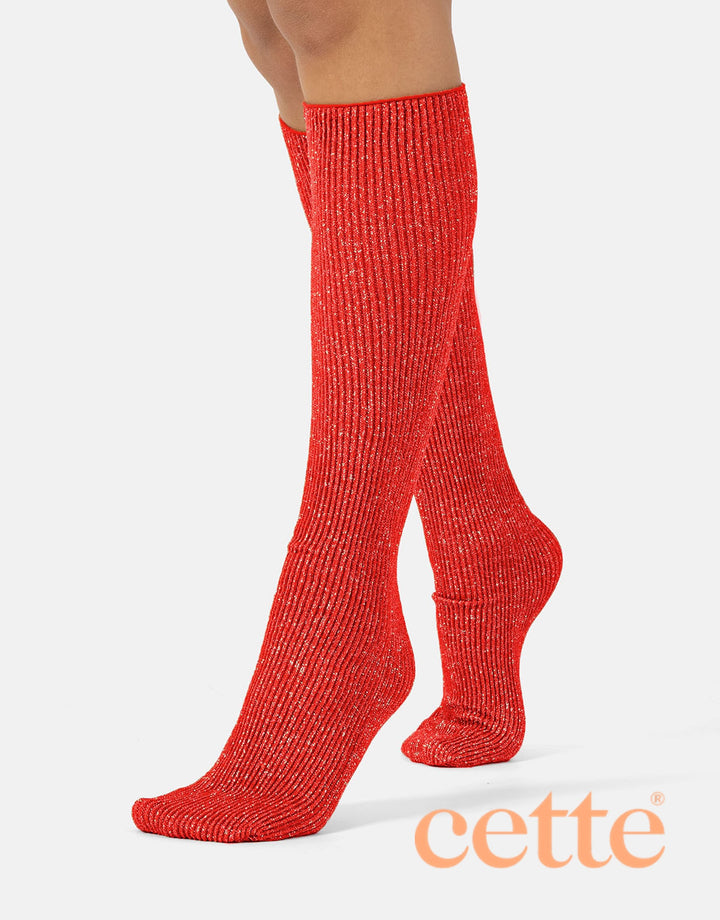 Cette Sirio Glitter Ribbed Knee High Sock Red 278-236