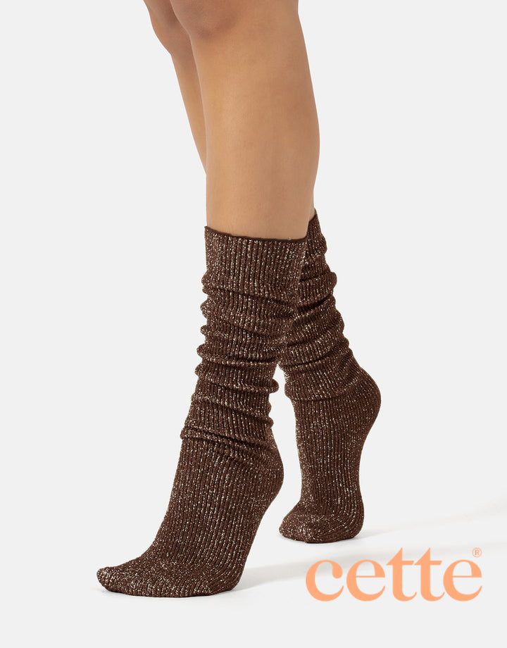 Cette Sirio Glitter Ribbed Knee High Sock Walnut 278-296