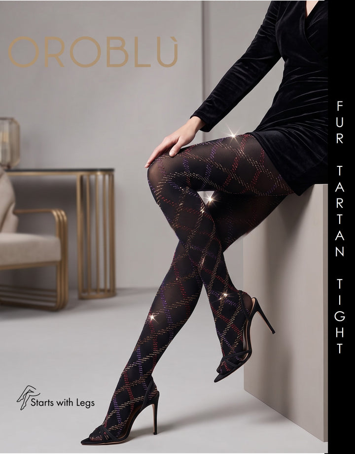 Oroblu Fur Tartan Tight Black/Violet VOB67907 Sale