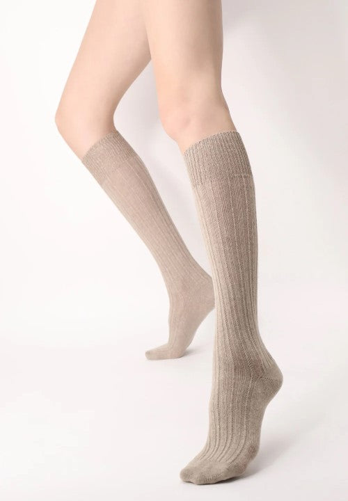Oroblu Jasmine Aplaca Wool &amp; Cotton Knee High Socks Beige Melange VOBFAF10K0